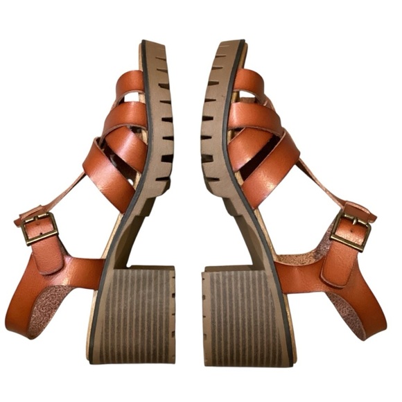POP Comfort Fit Chunky Heel Strappy Leather Cognac Color Sandals,‎ Size 9 - Picture 6 of 13